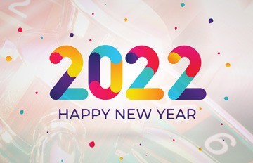 a graphic of Happy New Year 2022. The numbers are all multi-colored with red, orange, purple, and blue 
