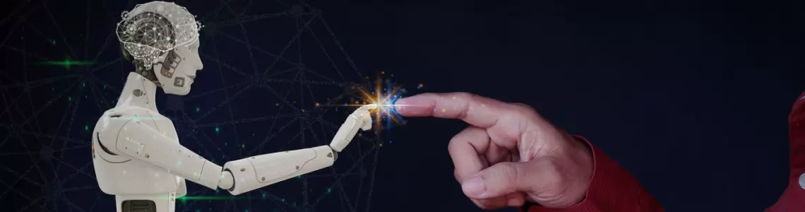 man touching his finger to an AI 