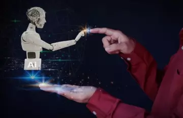 man touching his finger to an AI "finger" reminiscent of the finger of god touching Adam's finger