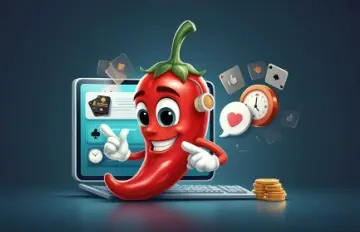 a red chili pepper in front of a laptop smiling because it is following the precepts of responsible gambling