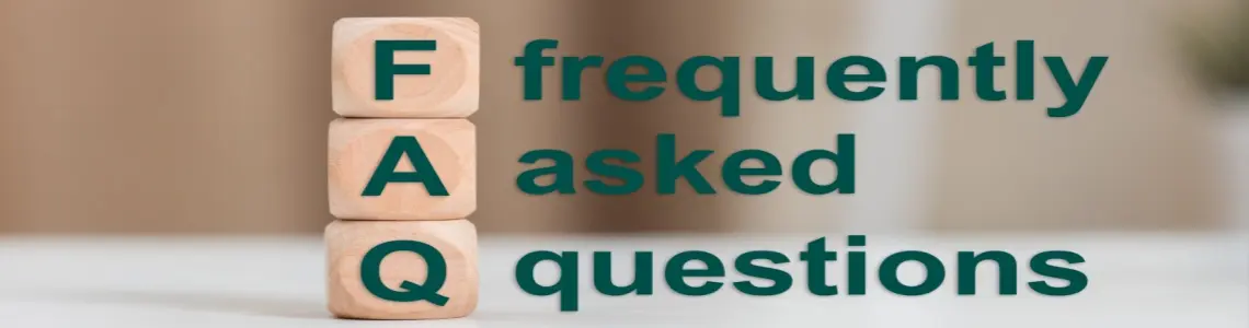 three pinkish cubes with green F, A, and Q on them stacked vertically to spell FAQ with each letter's word next to it