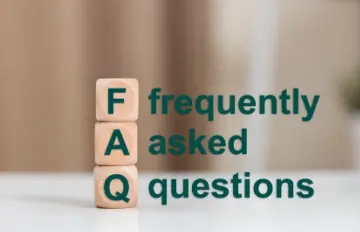 three pinkish cubes with green F, A, and Q on them stacked vertically to spell FAQ with each letter's word next to it