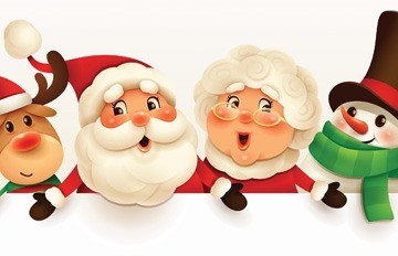 caricatures of Santa, Mrs. Claus, Rudolph, Frosty, and an elf in very colorful seasonal garb