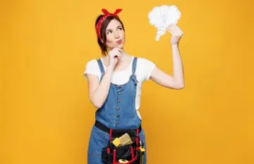 a young handywoman in overalls with a red bandana on her head "holding" a cloud as if she is having a Eureka moment
