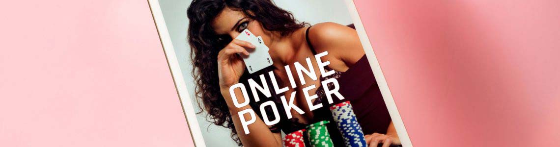 man holding tablet with image of a woman holding aces and words online poker on the screen