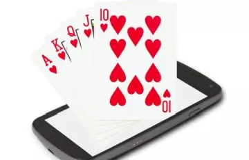 a smartphone with a Royal Flush coming out of the screen