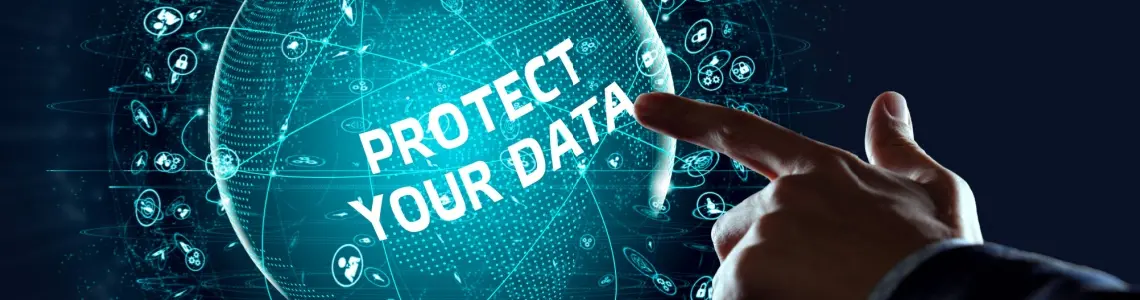 a man pointing to a blue sign that seems like a solar system of data that he is trying to protect