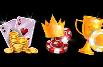 graphic of casino chips with a gold crown, a gold trophy cup, and Hugh cards