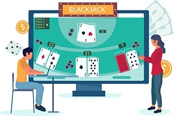 a young couple playing online blackjack in front of a very large screen