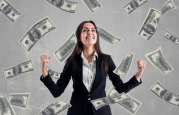 a happy woman with money floating in the air around her representing online casino no deposit bonuses